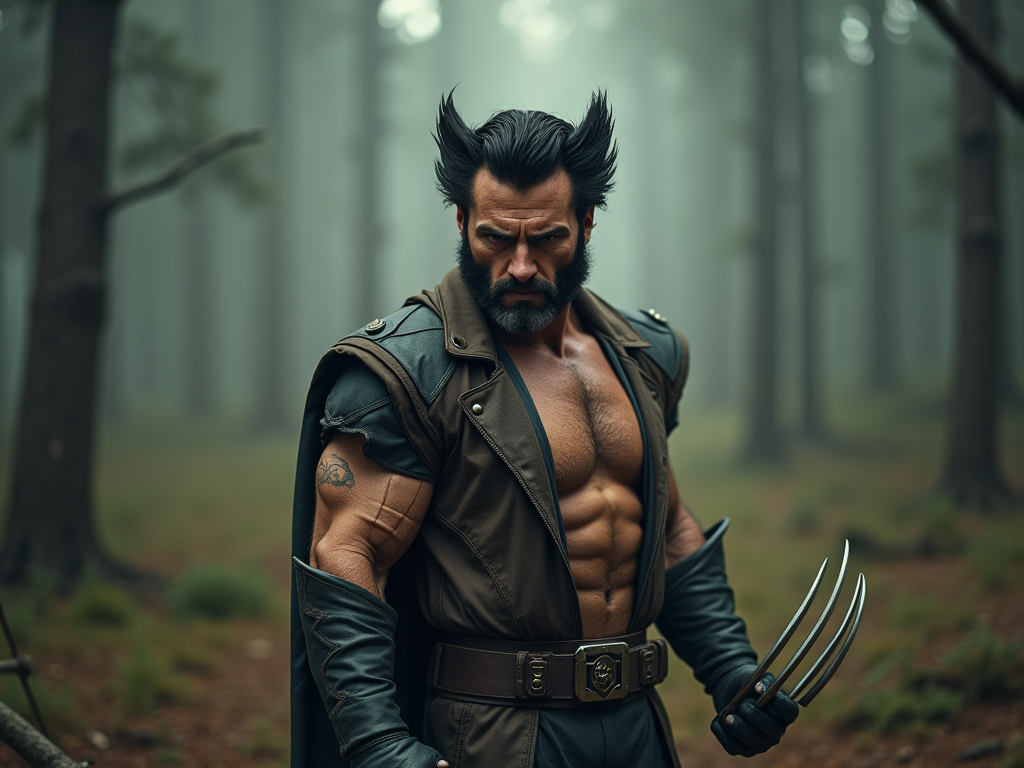 На изображении изображён muscular персонаж с заострёнными когтями в лесной местности, в тумане.