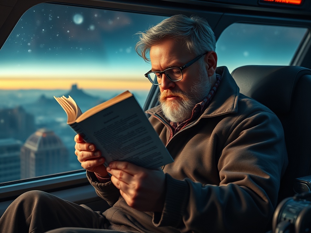 Мужчина с бородой читает книгу в комфортабельном кресле у окна на фоне заката.